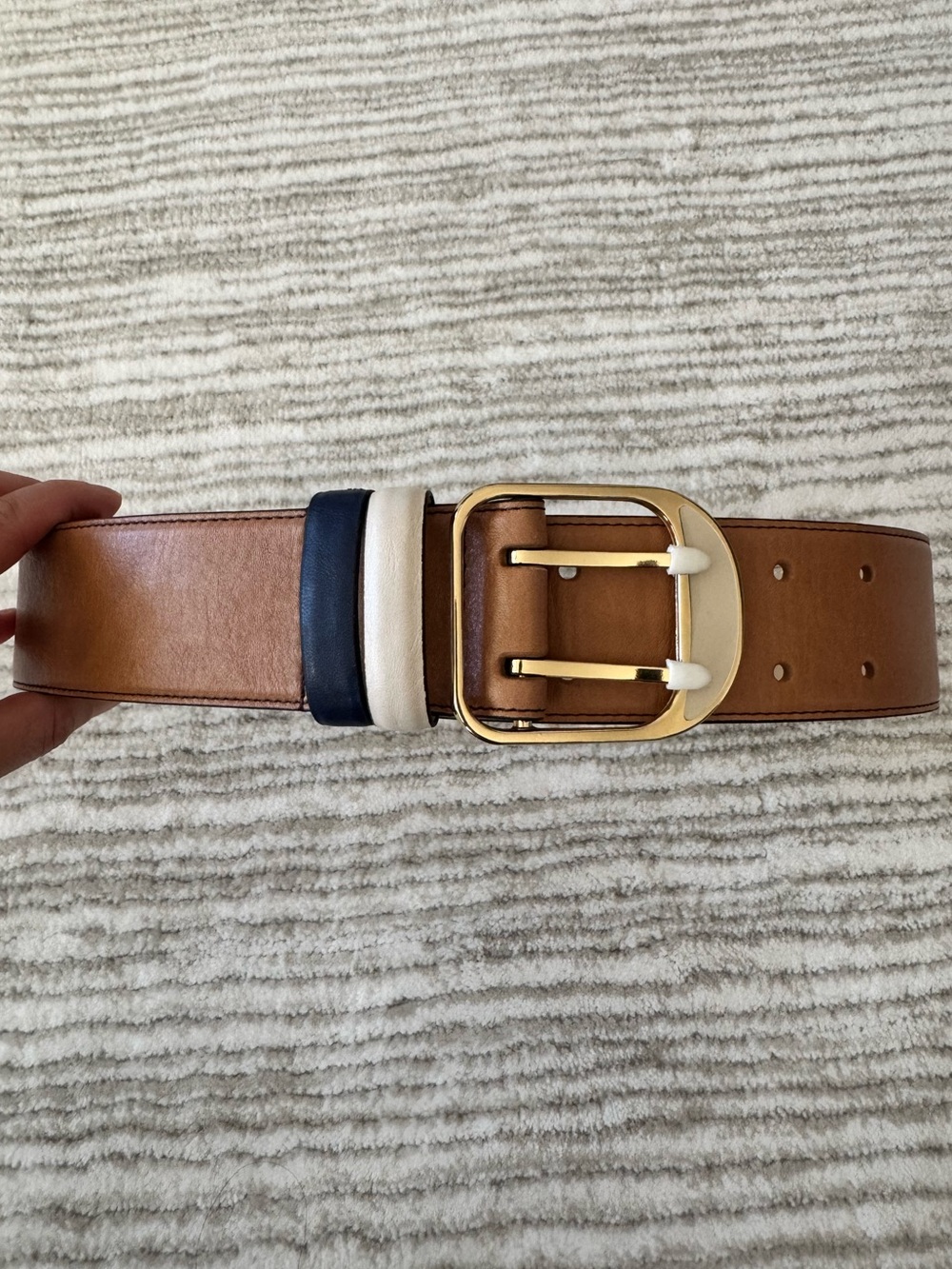 Ann Taylor Cognac Wide Leather Belt Navy Cream Color Block Gold Buckle XS NWT